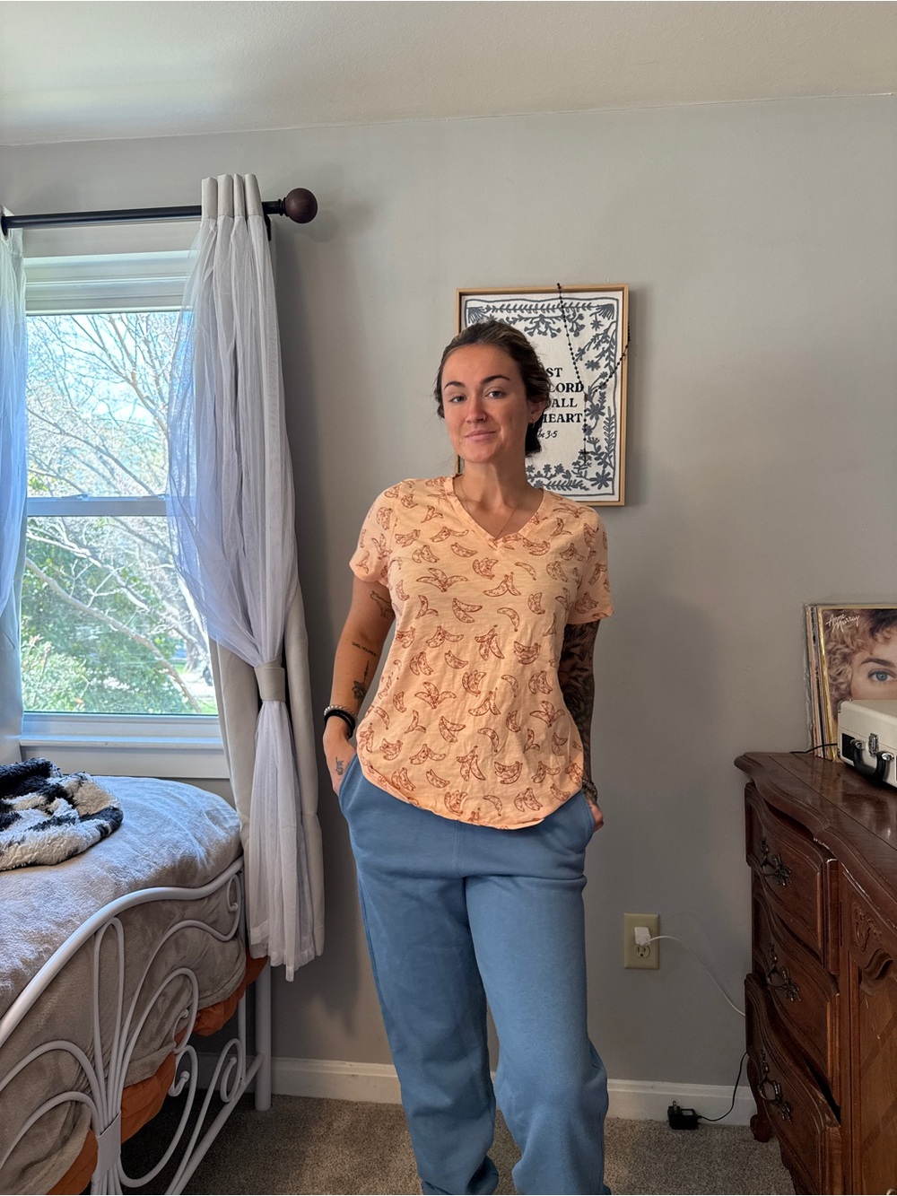 Sonoma Peach V-Neck Tee with Banana Print